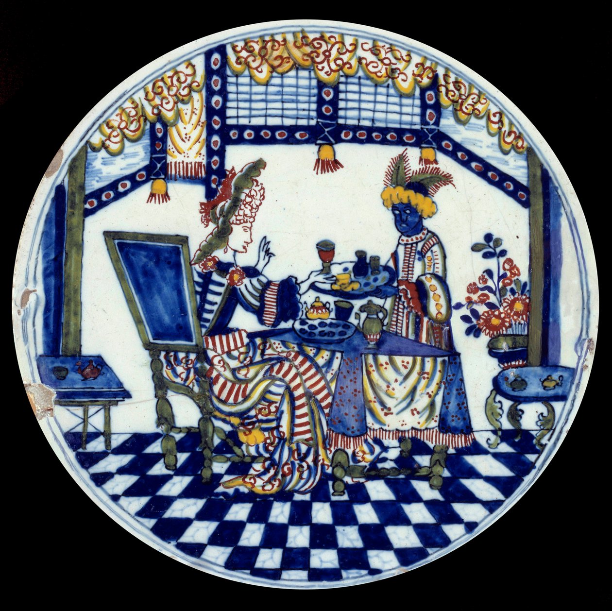 Plat de porcellana de Delft que representa una dona a una taula servida pel seu criat negre. 1705 Sèvres, Museu Nacional de Ceràmica finlandesa tekijältä Dutch School