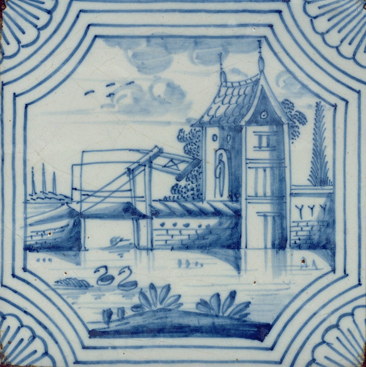 Delft-laatta, jossa näkyy laskusilta kanavan yli, 1800-luku tekijältä Dutch School