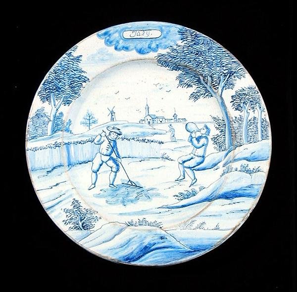 Delftware-levy, joka kuvaa heinäkuuta (tinalasitettu keramiikka) tekijältä Dutch School