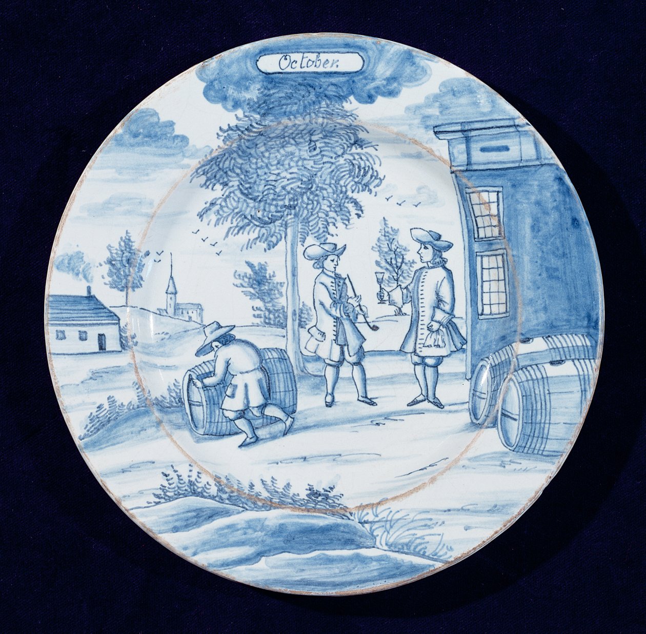 Delftware-levy, joka kuvaa lokakuuta (tinalasitettu keramiikka) tekijältä Dutch School
