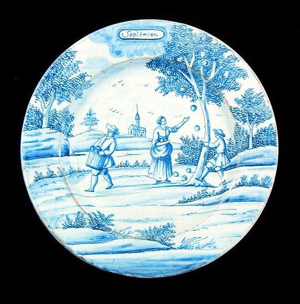 Delftware-lautanen, joka kuvaa syyskuun (tinalasitettu keramiikka) tekijältä Dutch School