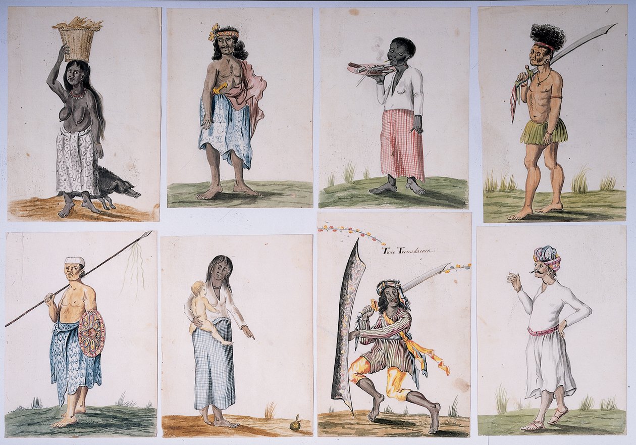 Piirustus Brasilian, Afrikan, Persian ja Itä-Intian alkuperäiskansojen albumista tekijältä Dutch School