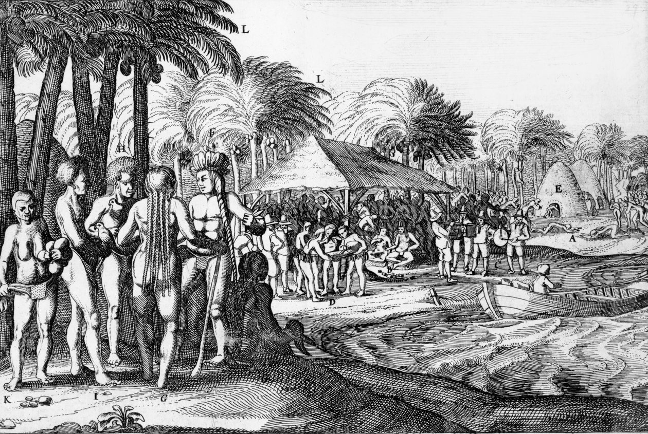 Hollantilaiset kauppiaat viihdyttävät paikallisia polynesialaisia tekijältä Dutch School