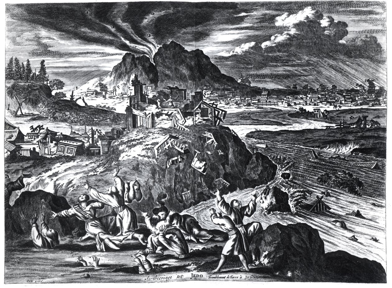 Maanjäristys Edossa (Tokio) vuonna 1659, esimerkki Arnold Montanuksen kertomuksesta Hollannin Itä-Intian yhtiön Japanin keisarille lähettämistä suurlähetystöistä, julkaistu Amsterdamissa 1669 ( tekijältä Dutch School