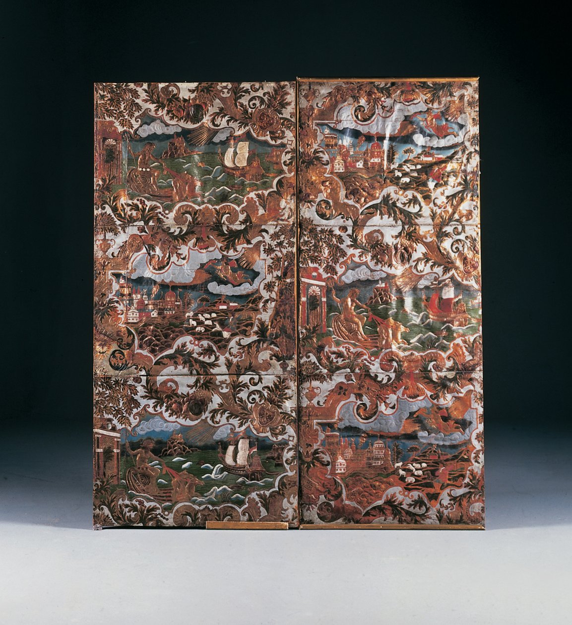 Kohokuvioidut ja moniväriset paneelit, 1600-luvun loppu (nahkaa) tekijältä Dutch School