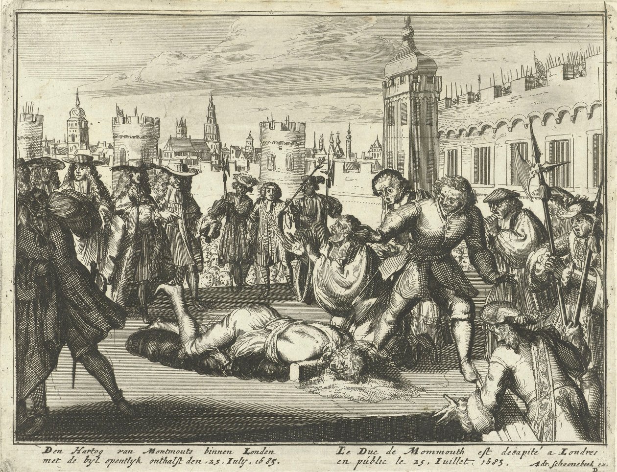 Monmouthin herttuan teloitus, 15. heinäkuuta 1685 etsaus. tekijältä Dutch School