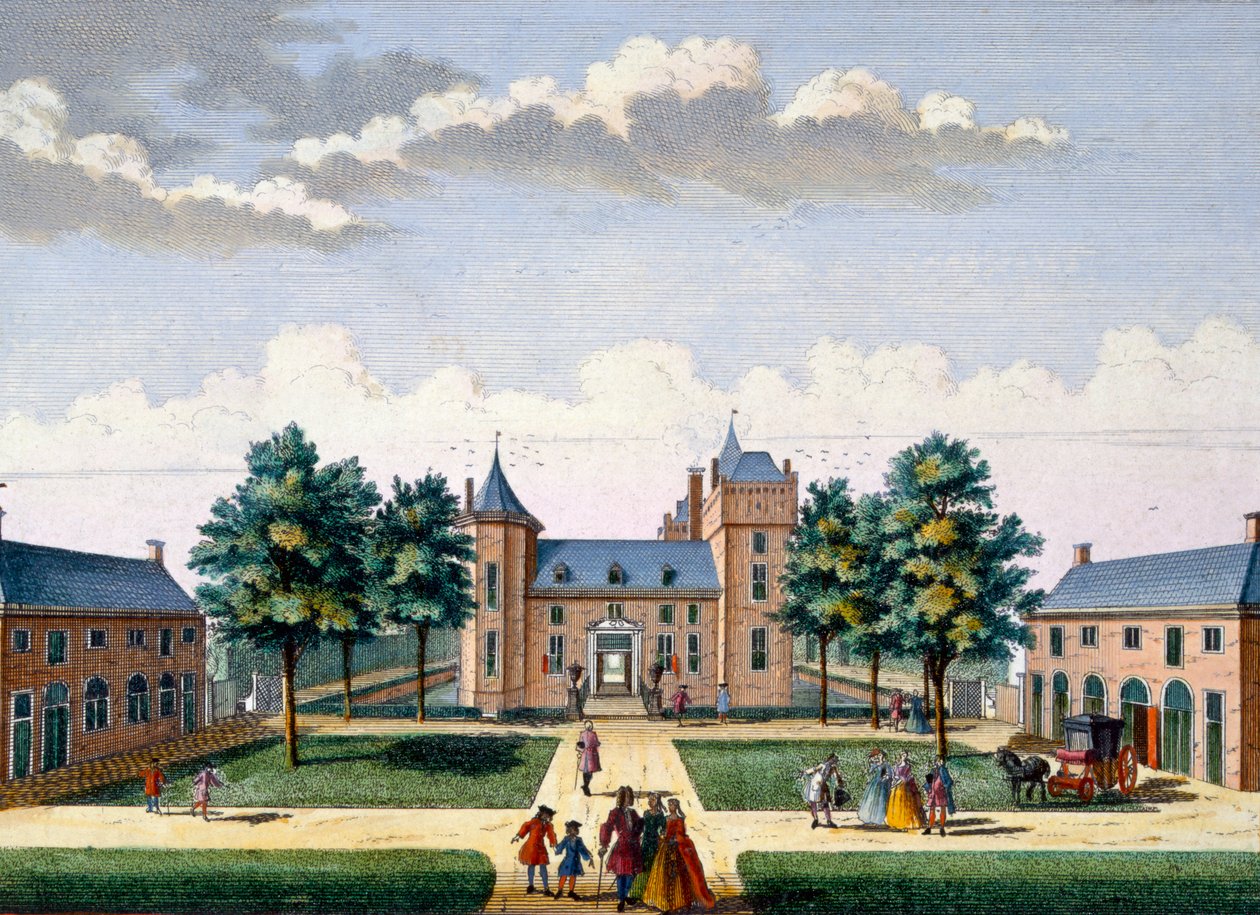 Assumburgin linnan julkisivu, Hendrick de Lethin ja Matthias Brouerius Van Nidekin Het Zeganpralent Kennemerlantista, julkaistu n. 1700-1730 tekijältä Dutch School