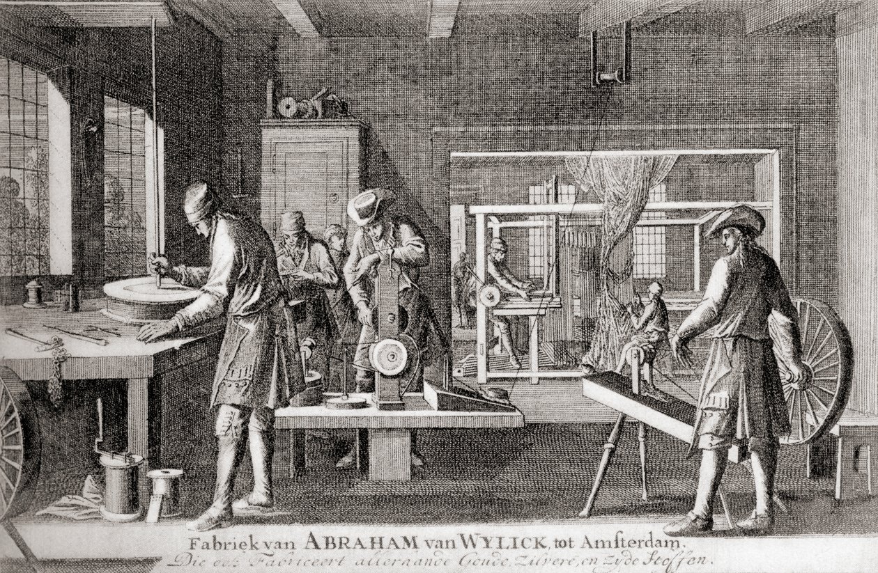 Abraham van Wylickin tehdas, Amsterdamin silkkiteollisuus, teoksesta "Geschiedenis van Nederland", julkaisu 1936 (litografia). tekijältä Dutch School