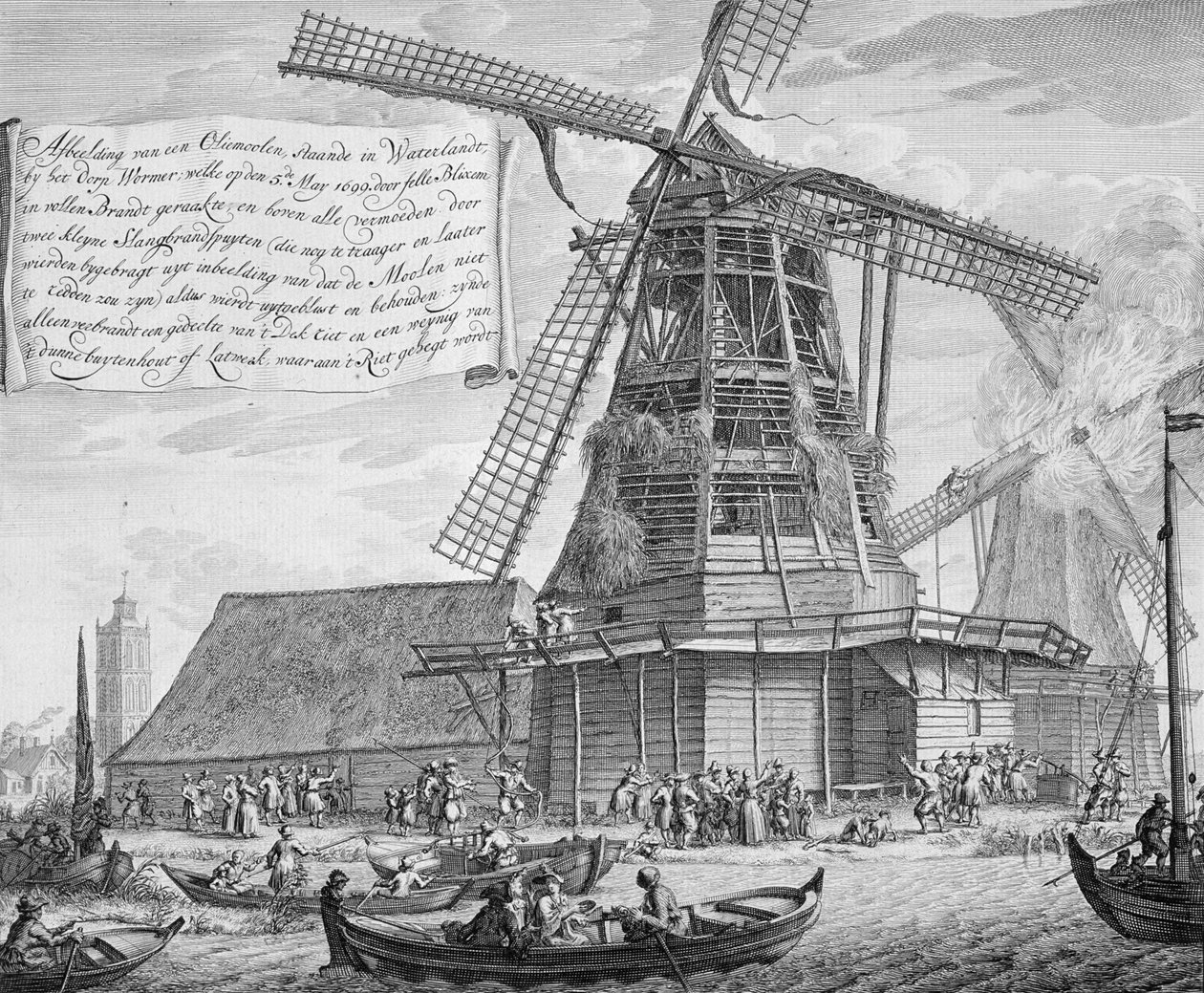 Tulipalon torjunta tuulimyllyssä lähellä Wordenia, kirjasta Palontorjunta Hollannissa, julkaistu noin 1700 tekijältä Dutch School