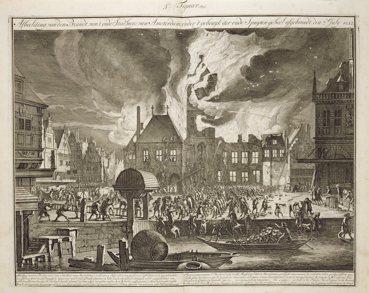 Tuli vanhassa Amsterdamin kaupungintalossa, 17. heinäkuuta 1652, kirjasta Palontorjunta Hollannissa, julkaistu noin 1700 tekijältä Dutch School