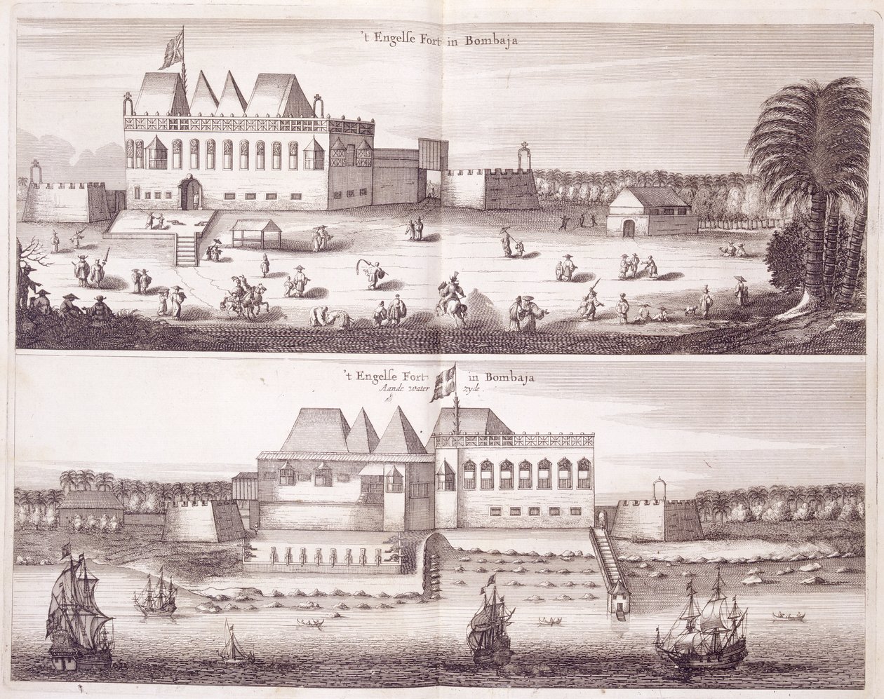 Näkymät edestä ja rannalta Englannin linnakkeelle Bombayssa, 1672 tekijältä Dutch School