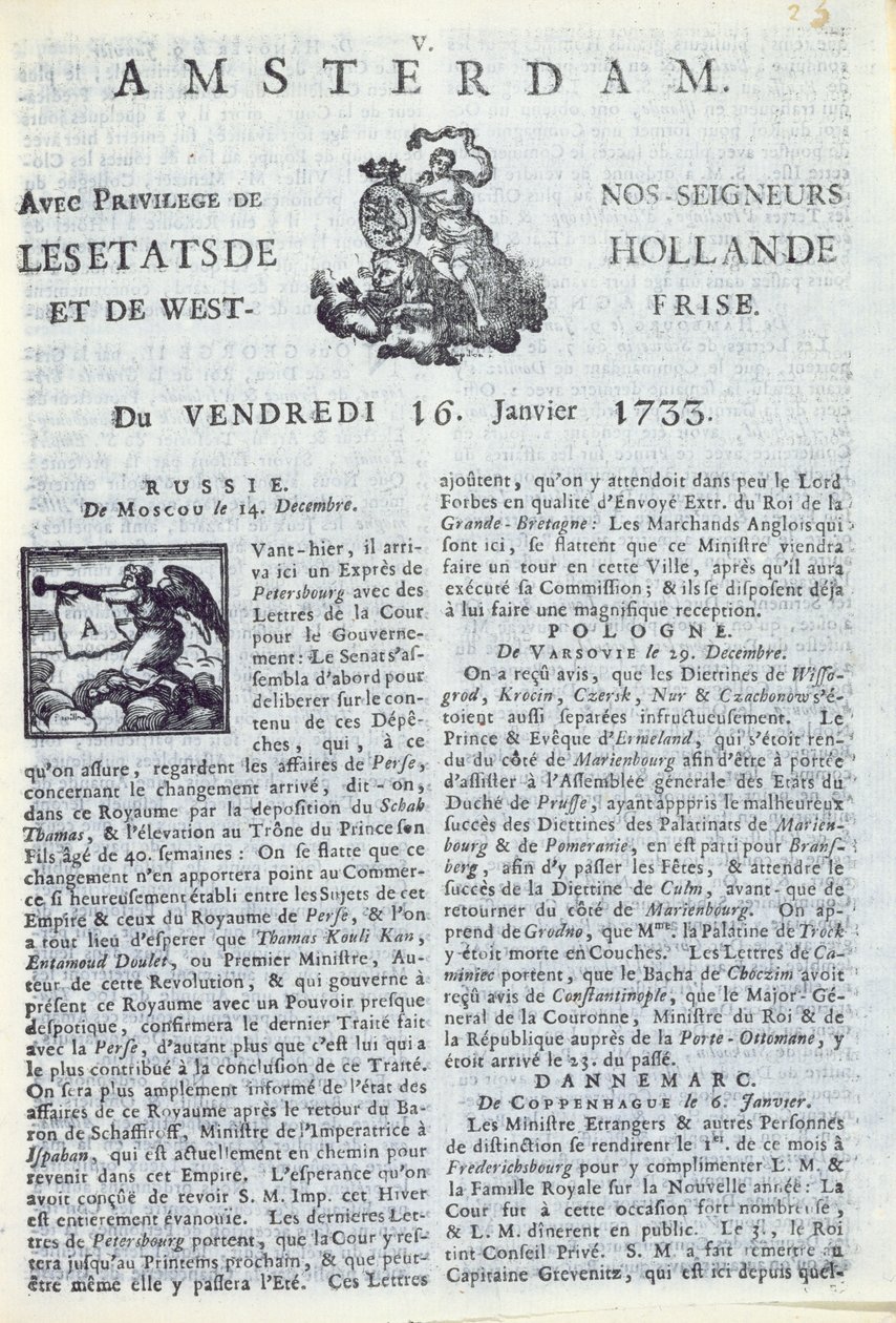 La Gazette dAmsterdamin etusivu, 16. tammikuuta 1733 (painettu paperi) tekijältä Dutch School