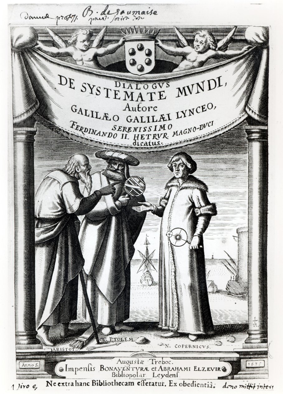 Galileon (1564-1642) Dialogus De Systemate Mundin etukappale, julkaistu Leydenissa 1635 tekijältä Dutch School