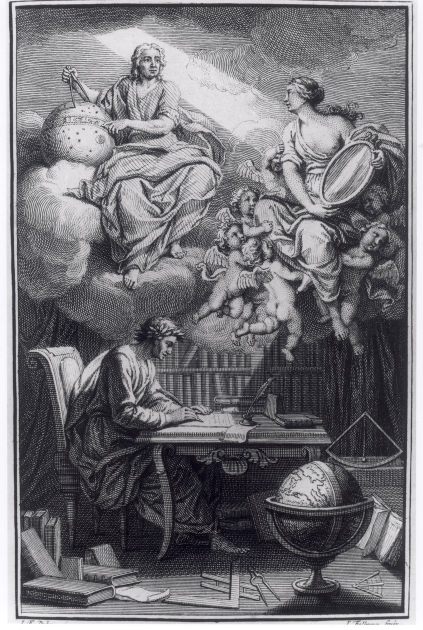 Voltairen (1694-1778) Elements de la Philosophie de Newtonin etukappale, julkaistu Amsterdamissa, 1738 tekijältä Dutch School