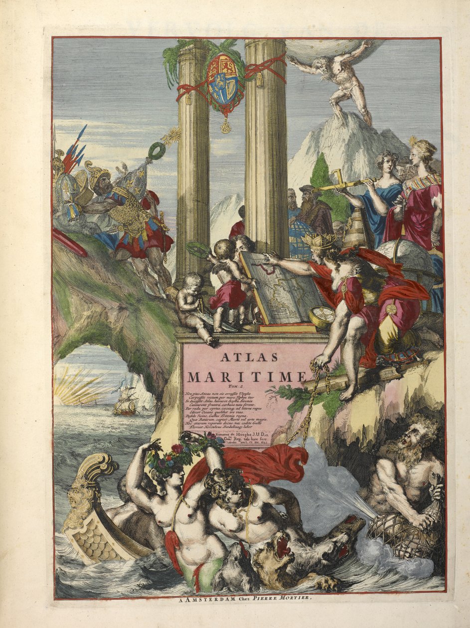 Etukappale teoksesta "De Fransche Neptunus and Atlas Maritime and Suite du Neptune François", Charles Pene ja Pieter Mortier (värillinen kaiverrus) tekijältä Dutch School