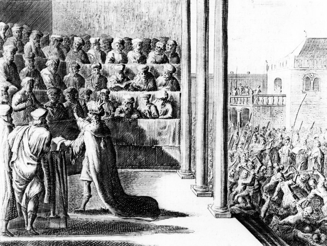 Herodes Suuri syyttää poikiaan Aleksanteria ja Aristobulusta maanpetoksesta. noin 1700 tekijältä Dutch School