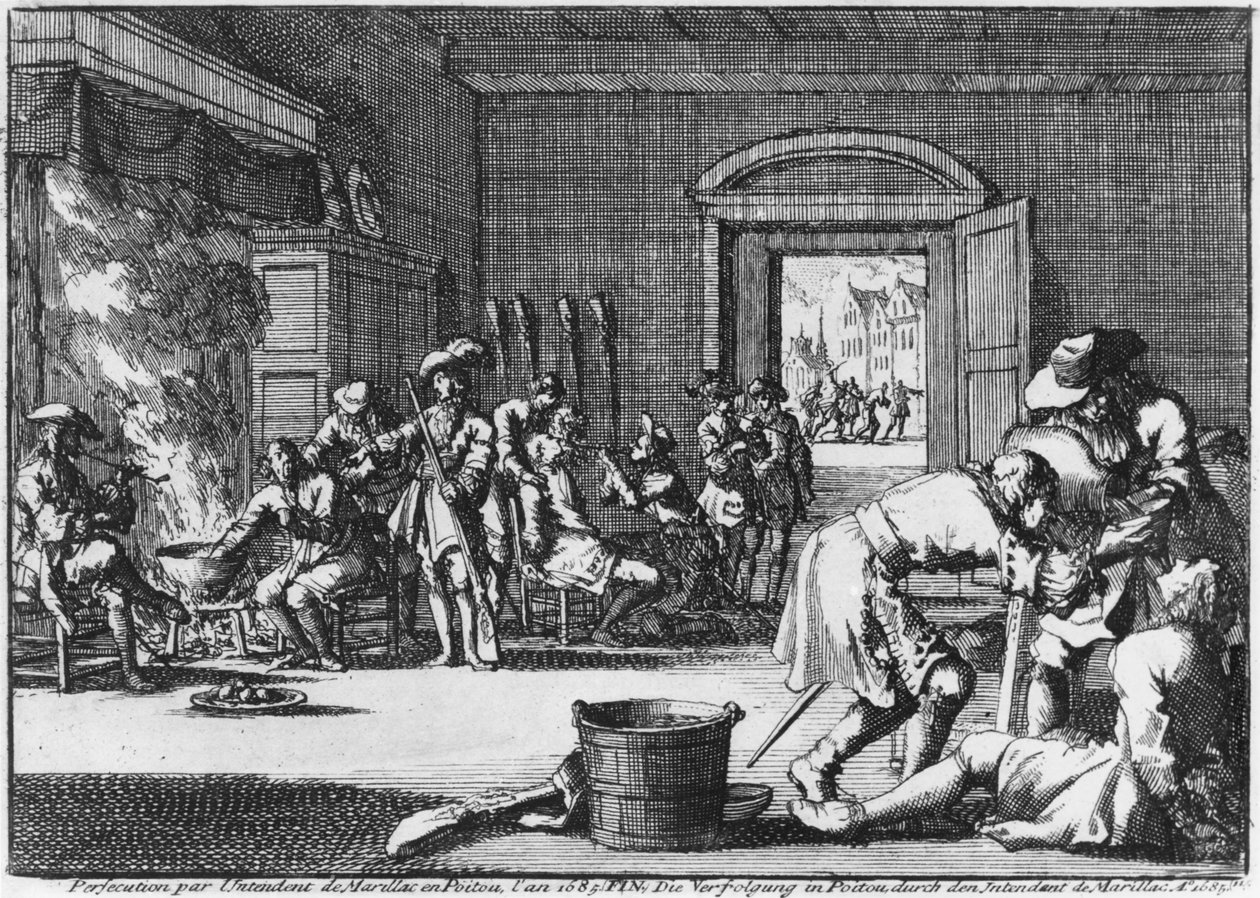 Intendantti de Marillac vainoaa protestantteja Poitoussa 1685, 1686 tekijältä Dutch School