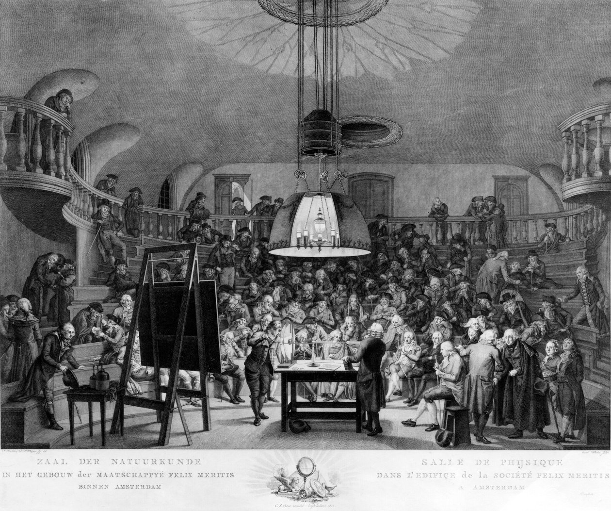 J. H. van Swinden, esittelee sähkön tuotantoa Felix Meritis Societylle, Amsterdam, n. 1800 tekijältä Dutch School