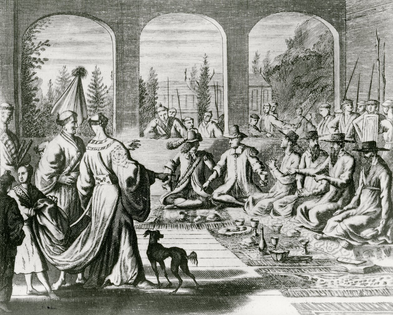 Jesuiitat hollantilaisten ja portugalilaisten kauppiaiden kanssa japanilaisessa hovissa, n. 1670 (kaiverrus) tekijältä Dutch School