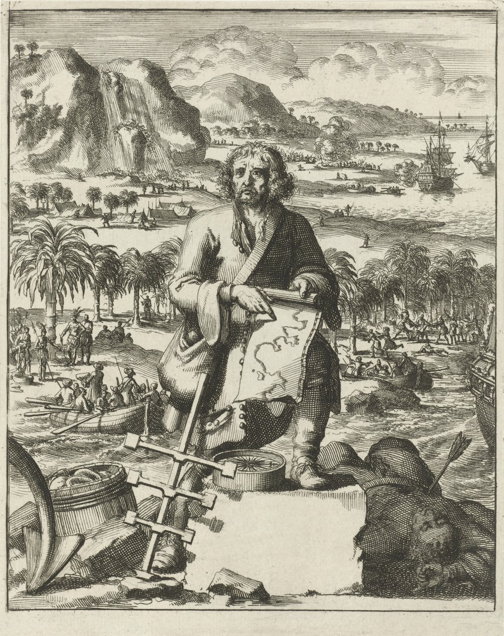 Louis Hennepinin laskeutuminen Pohjois-Amerikkaan, pub. 1688 (kaiverrus) tekijältä Dutch School
