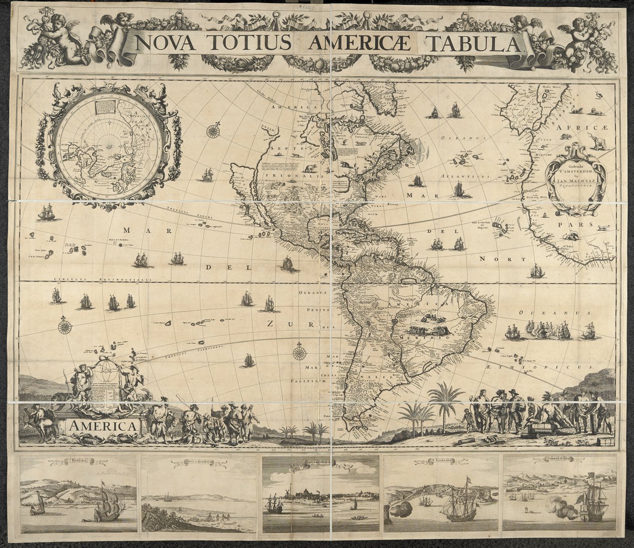 Amerikan kartta, Nova totius Americae -pöytä, [näkymillä] Panama, Caput S. Augustini, Uusi Amsterdam, S. Vapahtaja, nimi D. Jumala. Piirtänyt J. Mathysz tekijältä Dutch School