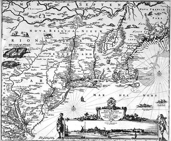Uuden Amsterdamin kartta, n. 1650 (kaiverrus) tekijältä Dutch School