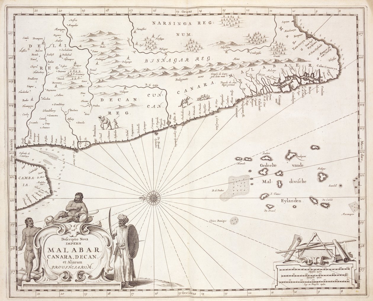 Malabarin rannikon kartta Itä-Intiassa, 1672 tekijältä Dutch School