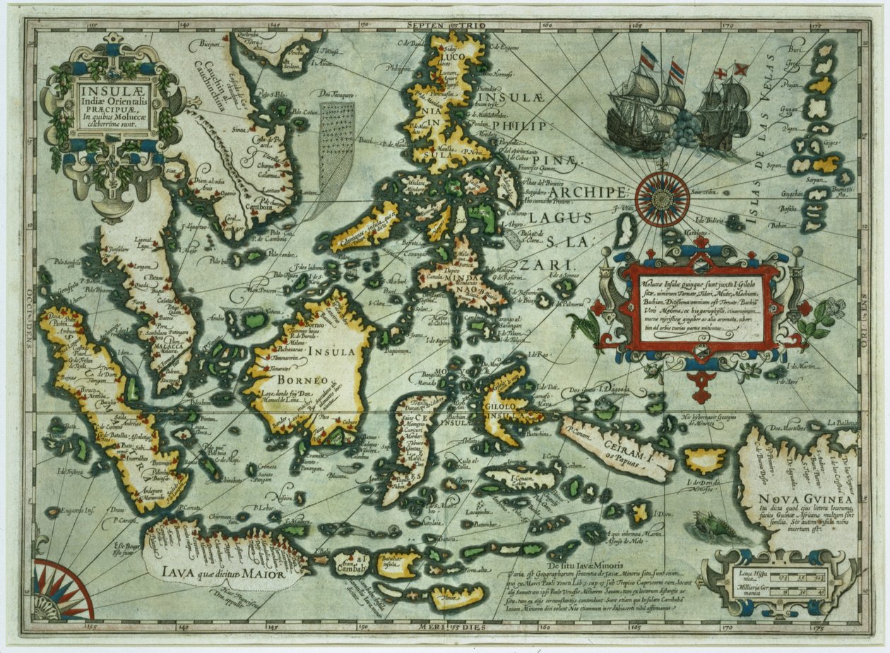 Itä-Intian kartta, pubi. 1635 Amsterdamissa (käsinvärinen kaiverrus) tekijältä Dutch School