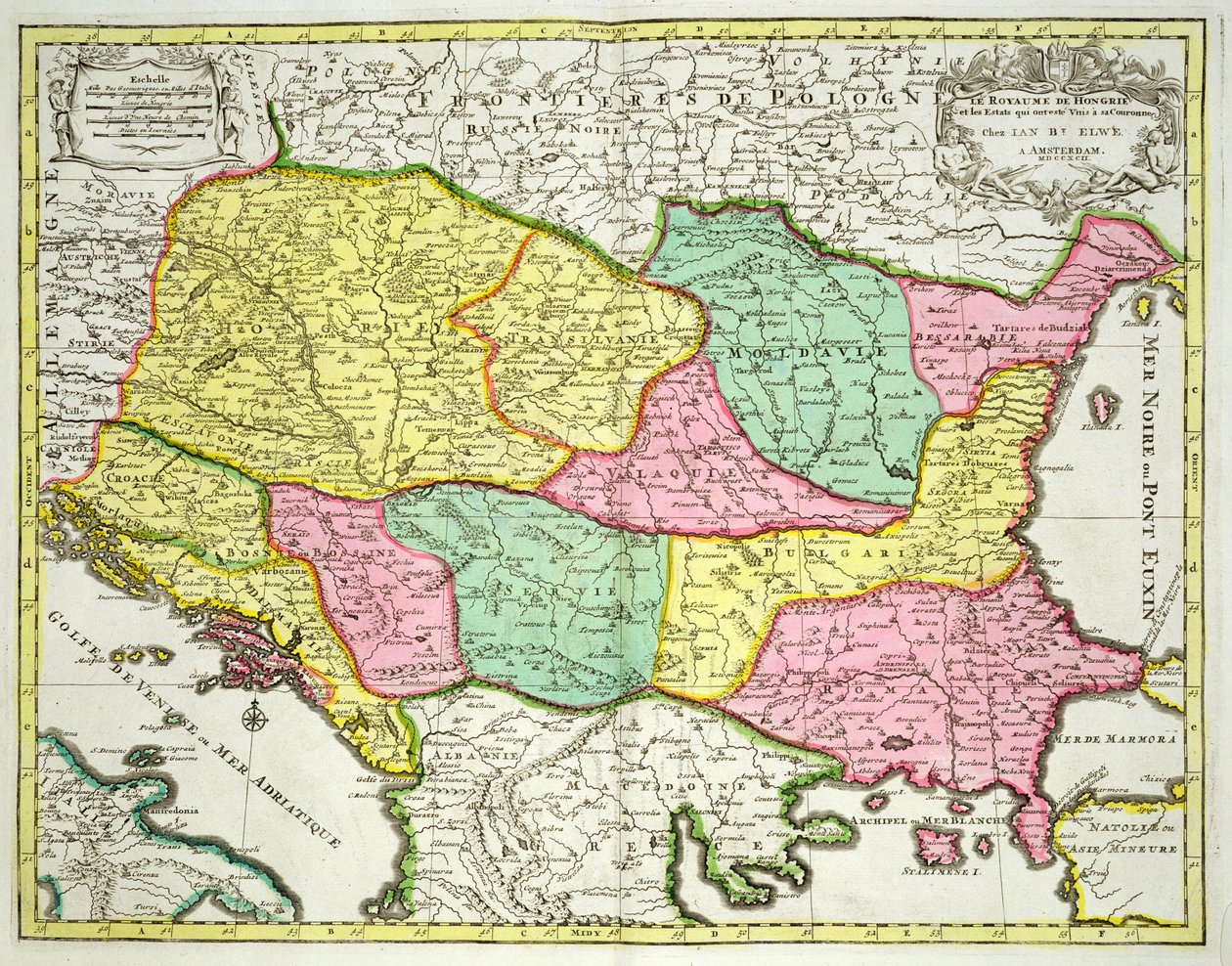 Kartta Unkarin kuningaskunnasta ja sen kruunuun liittyneistä valtioista, pubi. kirjoittanut Jan Barend Elwe, Amsterdam, 1742 tekijältä Dutch School