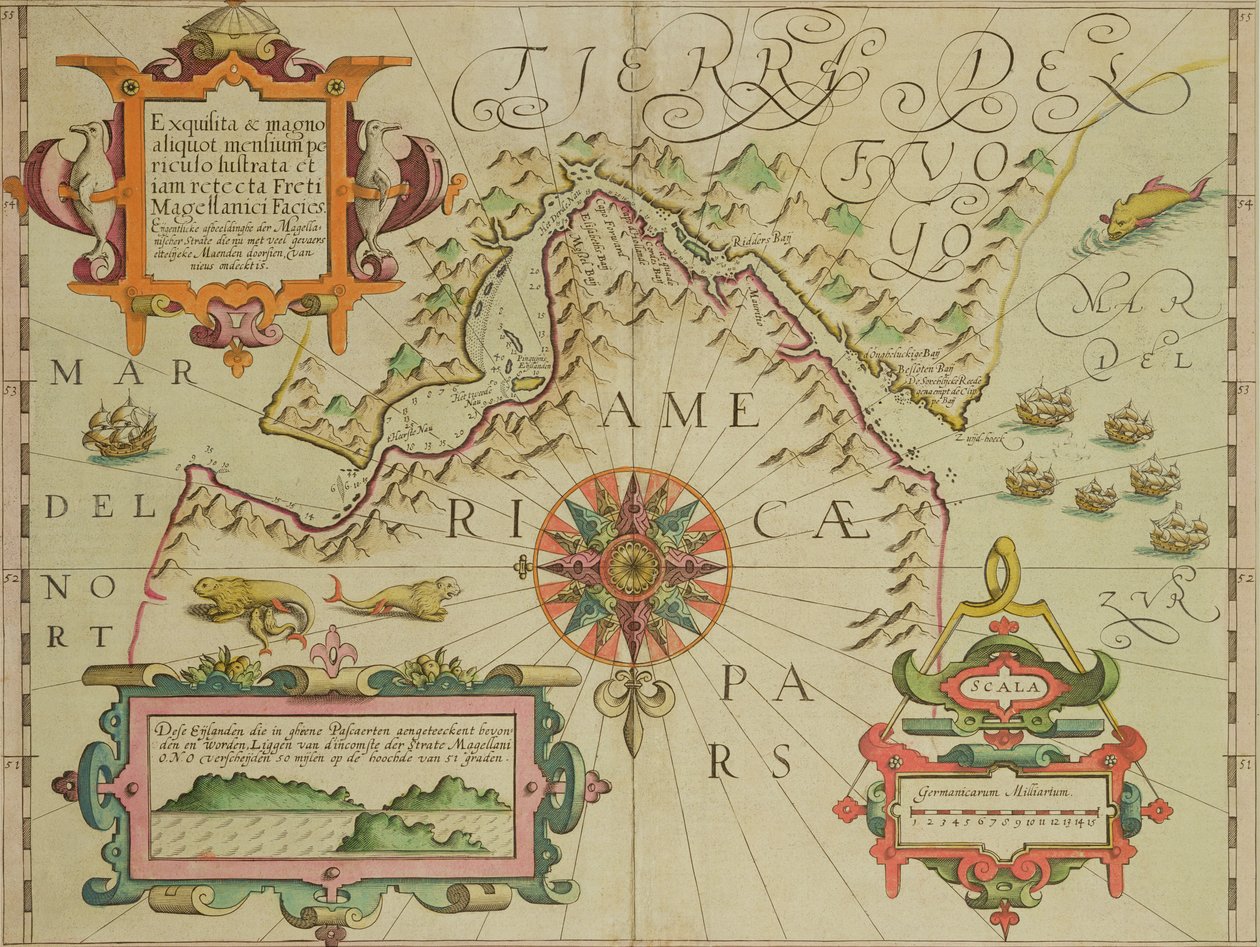 Patagonian Magellanin salmen kartta Mercator Atlas -pubista. Jodocus Hondius (1563-1612) Amsterdam, 1606 tekijältä Dutch School