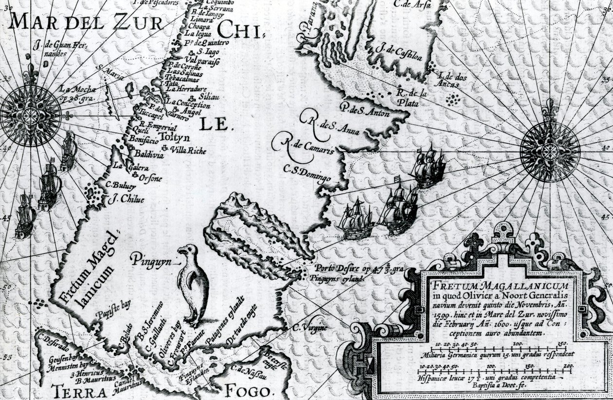 Magellanin salmen kartta, Oliver van Noortsin levy kuvaus matkastaan, 1602 tekijältä Dutch School