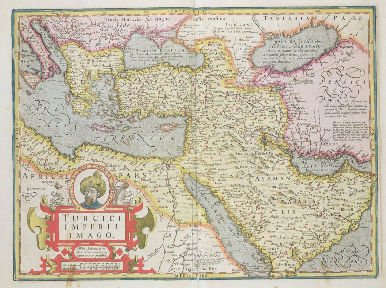 Turkin valtakunnan kartta Mercator Atlas -pubista. Jodocus Hondius (1563-1612) Amsterdam, 1606 tekijältä Dutch School