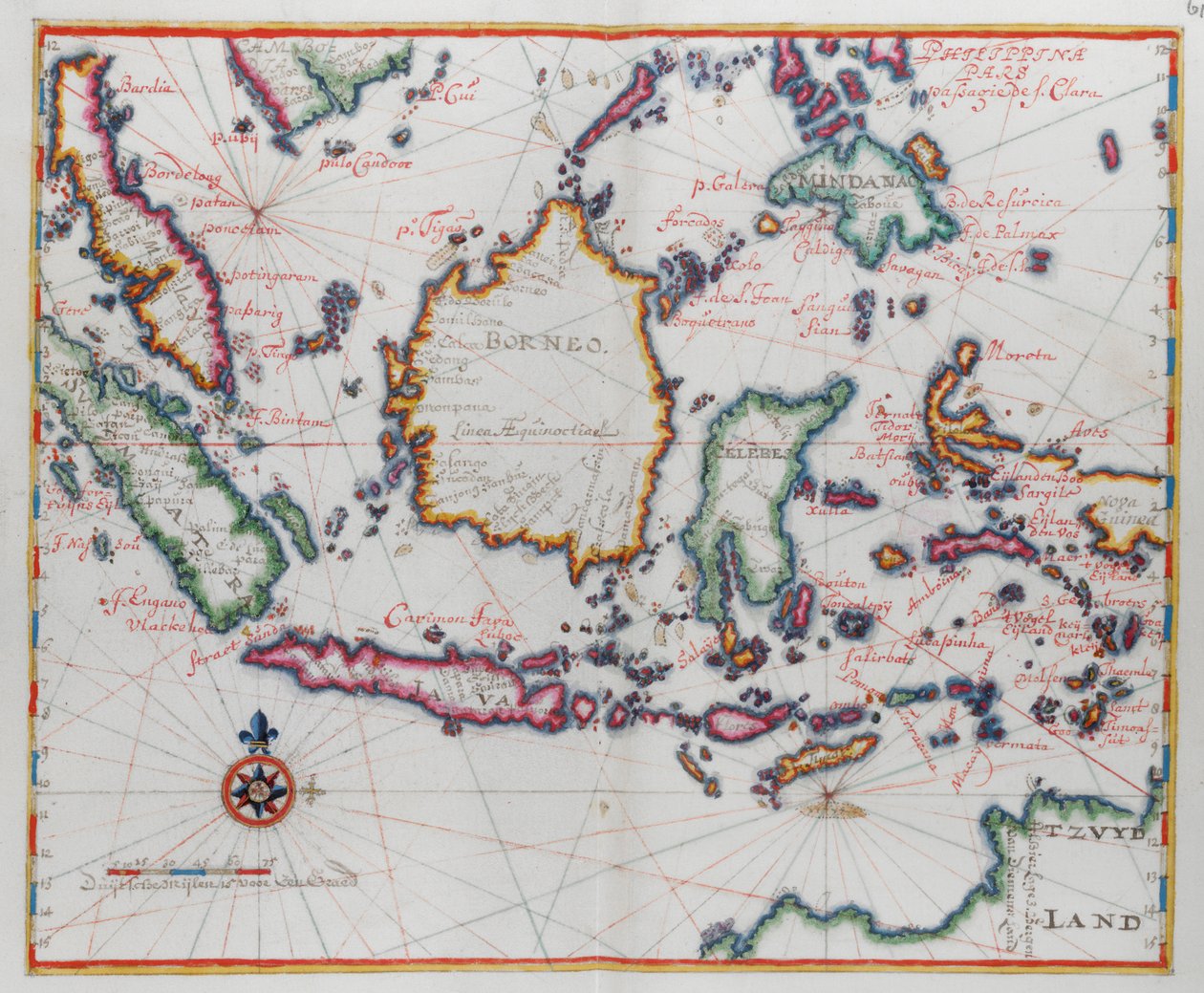 Kartta, jossa näkyy Borneo, Clebes (Sulawesi), Jaava ja muut Indonesian saaret. tekijältä Dutch School
