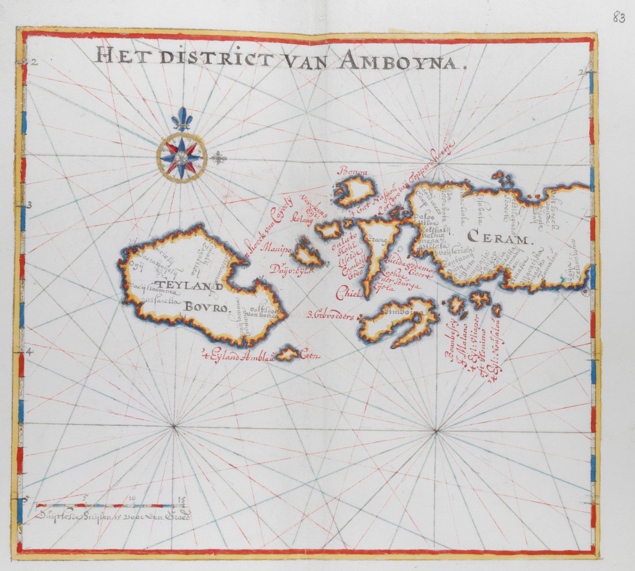 Mapa que mostra les illes de Bouro i Ceram (Seram), Indonèsia.finlandès tekijältä Dutch School
