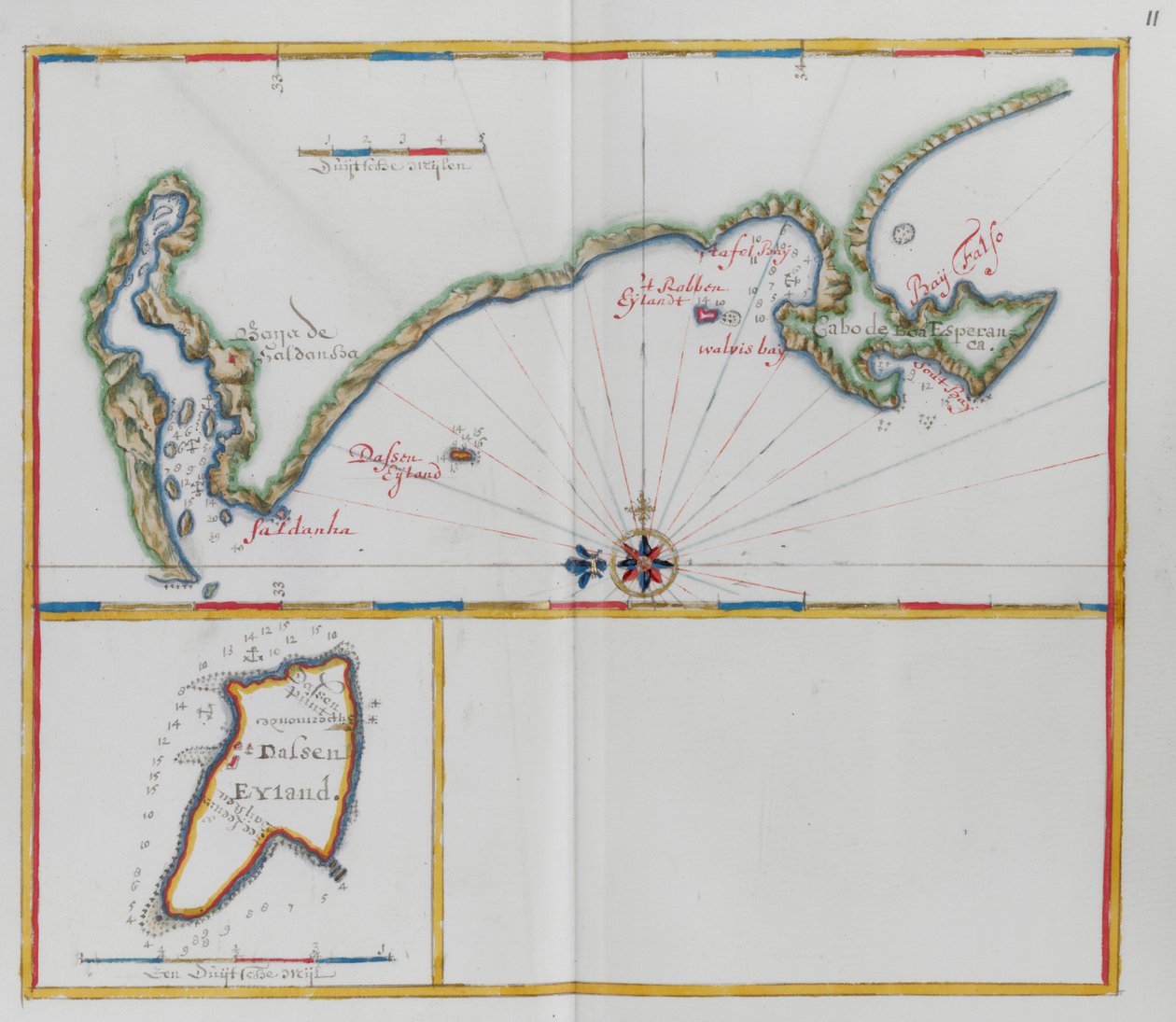 Kartat, joissa näkyy Dassen Island, Etelä-Afrikan saari, ja vastapäätä oleva rannikko. tekijältä Dutch School