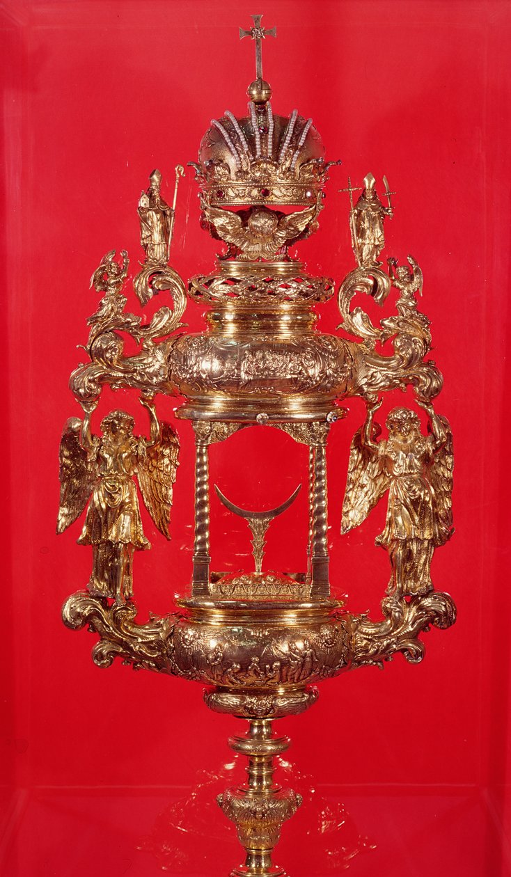 Monstrance, jossa on Haarlemin merkki vuodelta 1764 ja mahdollisesti valmistajan merkki, lävistetty pastilli (hopeakullattu) tekijältä Dutch School