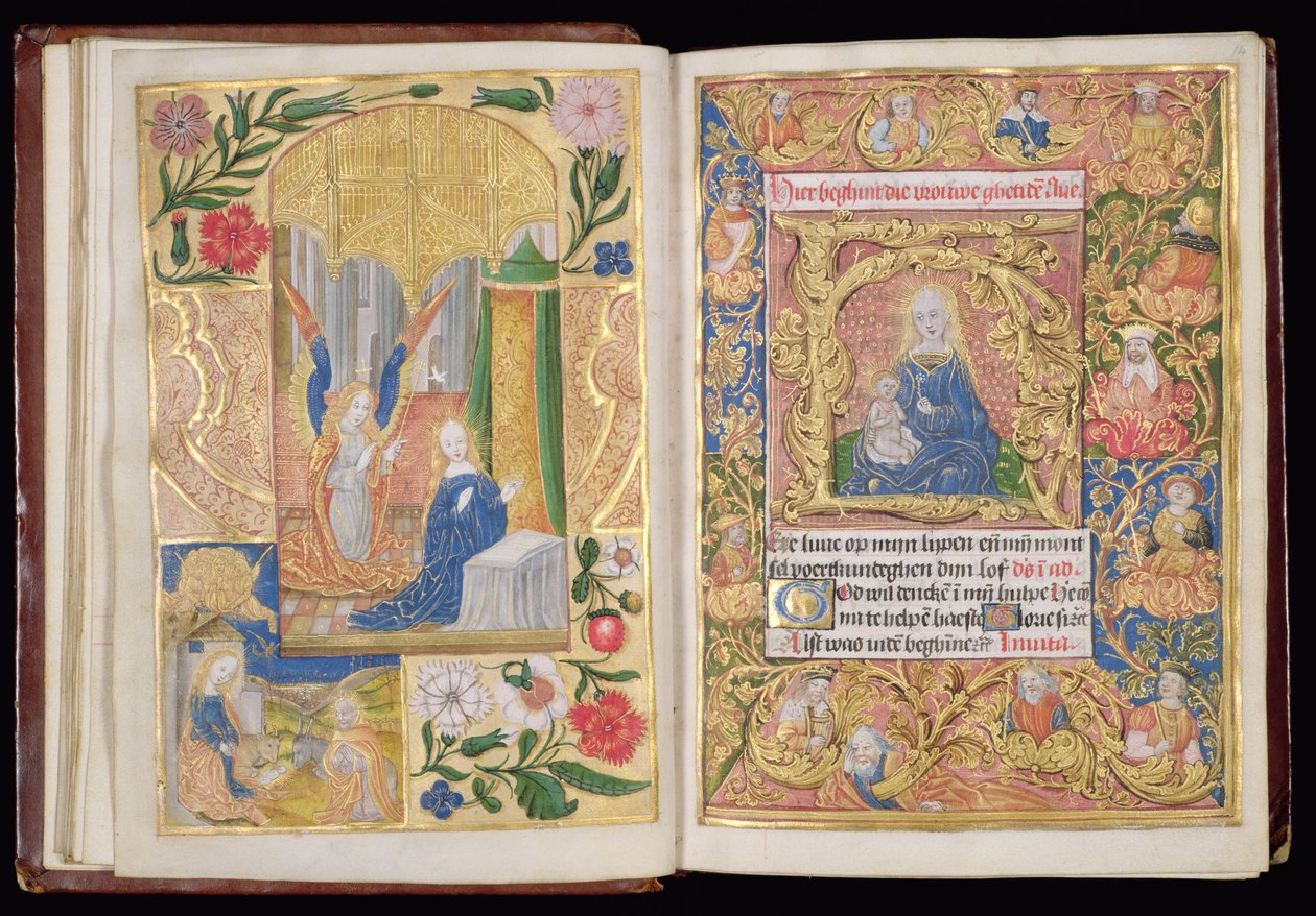 Ms 144, ff.13v-14r: Annunciation ja Virgin and Child, miniatyyrit Tuntikirjasta, Utrechtin käyttö, n. 1500-20 (lehtikulta ja kulta ja värilliset musteet pergamentilla) tekijältä Dutch School