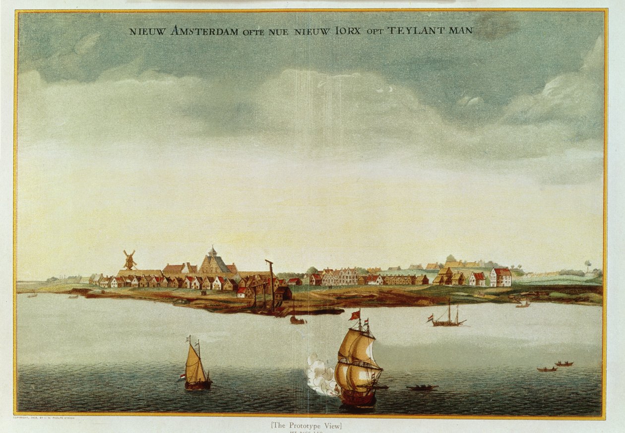 New Amsterdam, n. 1650-53 (The Prototype View) käytetty Stokes Iconography, vol.1, 1915, etukappaleessa (väripainatus) tekijältä Dutch School