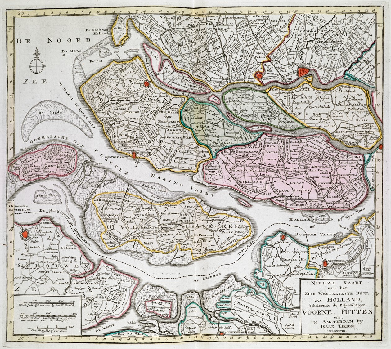 Uusi kartta Hollannin lounaisosasta, mukaan lukien Voornen, Puttenin jne. ulosottomiehet. [Kolmekymmentäkuusi Alankomaiden karttaa]Isaak Tirion Vuosina 1739–1757. tekijältä Dutch School