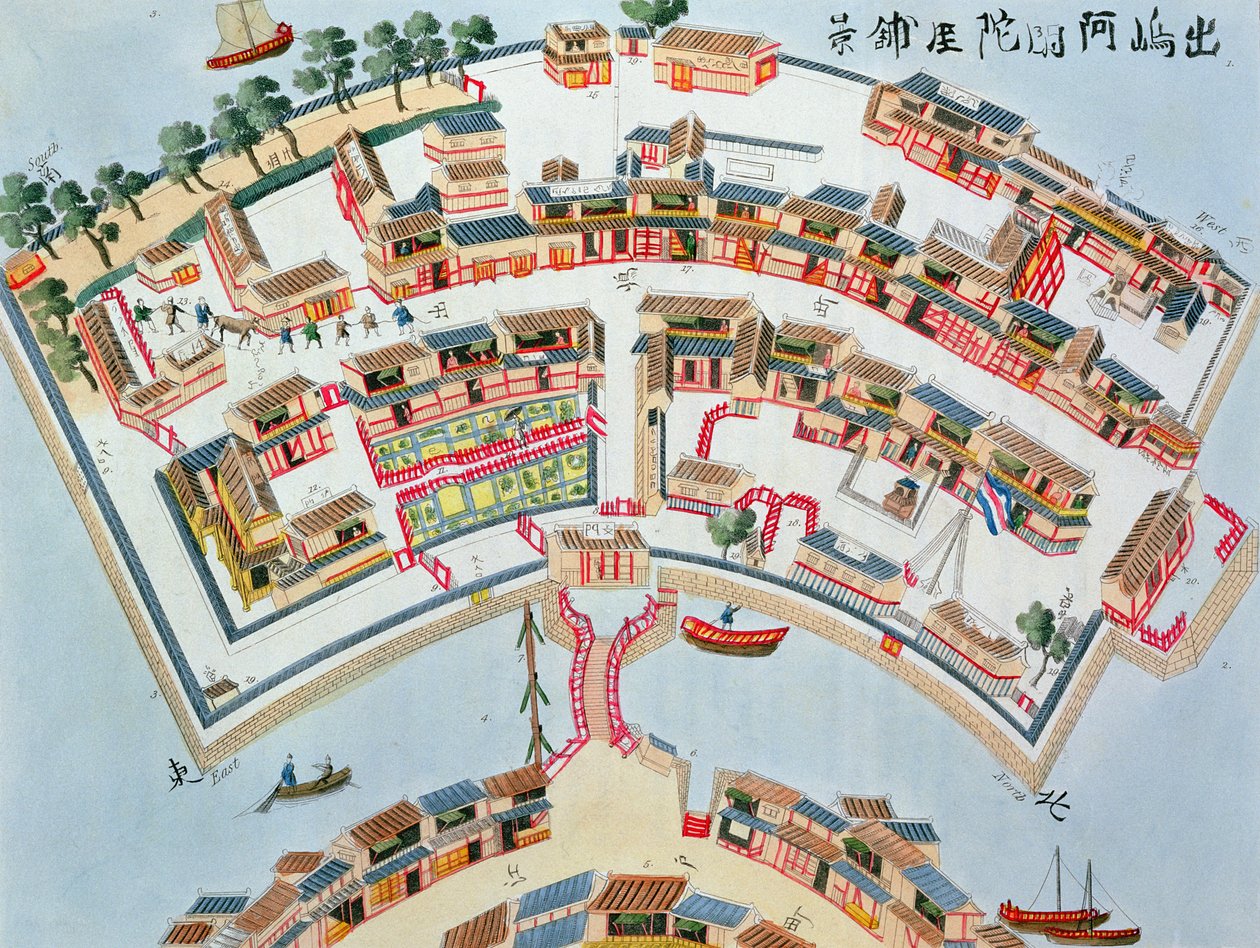 Nangasakin Desiman saarella sijaitsevan hollantilaisen tehtaan suunnitelma Isaac Titsinghin (n. 1740-1812) Japanin kuvituksista, julkaistu Lontoossa, 1822 tekijältä Dutch School