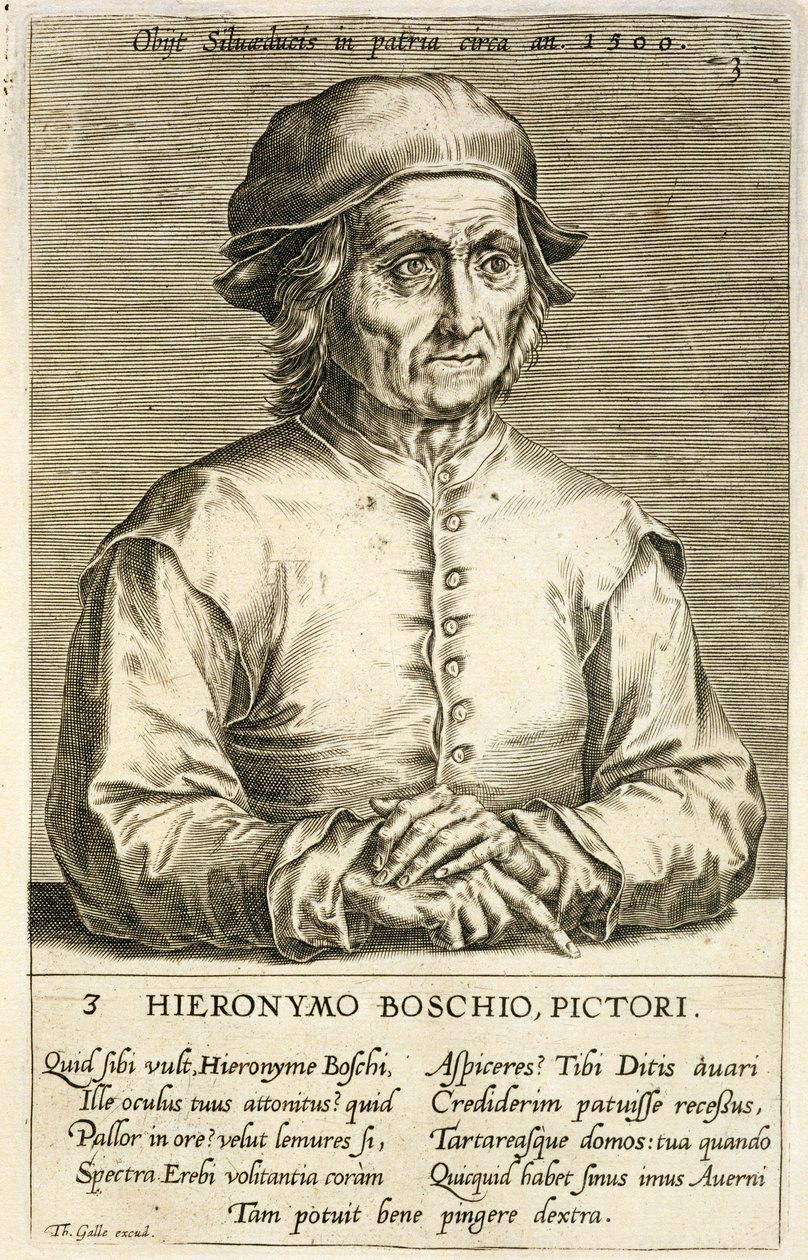 Hieronymus Boschin (n. 1450-1516) muotokuva, levy 3 taiteilijoiden muotokuvien sarjassa, kaiverrettu Theodor Galle (1571-1633) tekijältä Dutch School