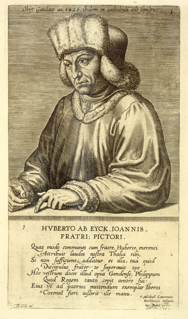 Hubert van Eyckin (1366-1426) muotokuva, levy 1 taiteilijoiden muotokuvien sarjasta, kaivertanut Theodor Galle (1571-1633) tekijältä Dutch School
