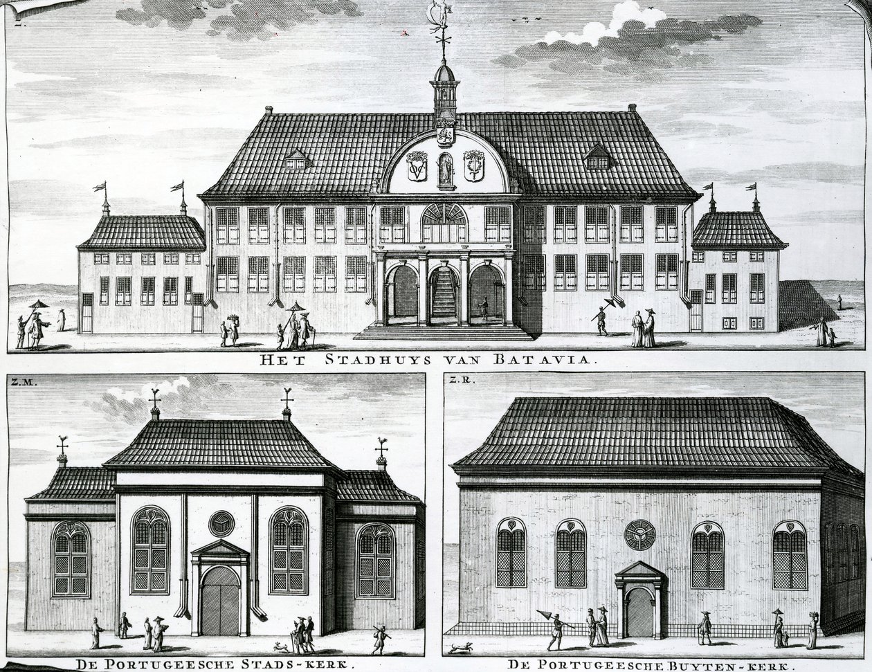 Portugalilainen kirkko ja kaupungintalo Bataviassa, 1800-luku, tekijältä Dutch School
