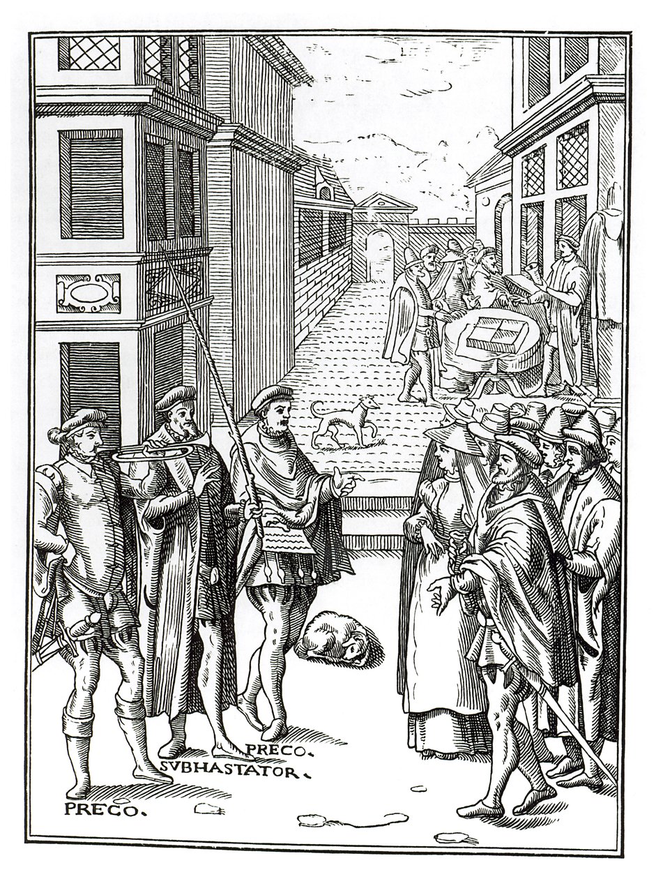 Town Crierin myynti Joos de Damhouderin (1507-81) Antwerpenissä vuonna 1557 julkaistun Praxis Rerum Civiliumin puupiirroksen jälkeen tekijältä Dutch School