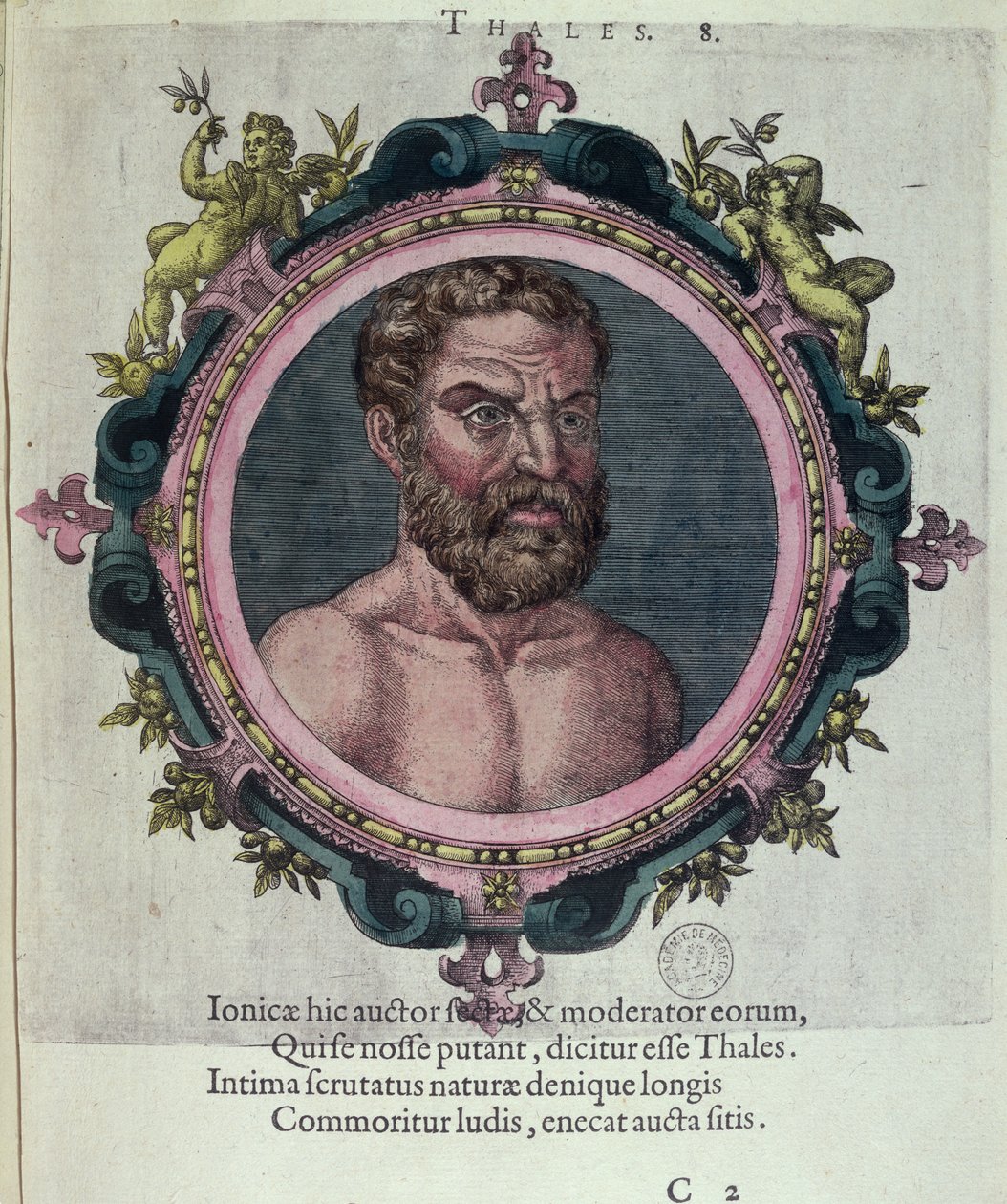 Thales of Miletos (n. 625-547 eKr.), Johannes Sambucuksen (1531-1584) kuvitus antiikin ja viimeaikaisen fysiikan ja filosofien ikoneista, julkaissut Plantin Antwerpenissä 1574 (värikaiverrus) tekijältä Dutch School