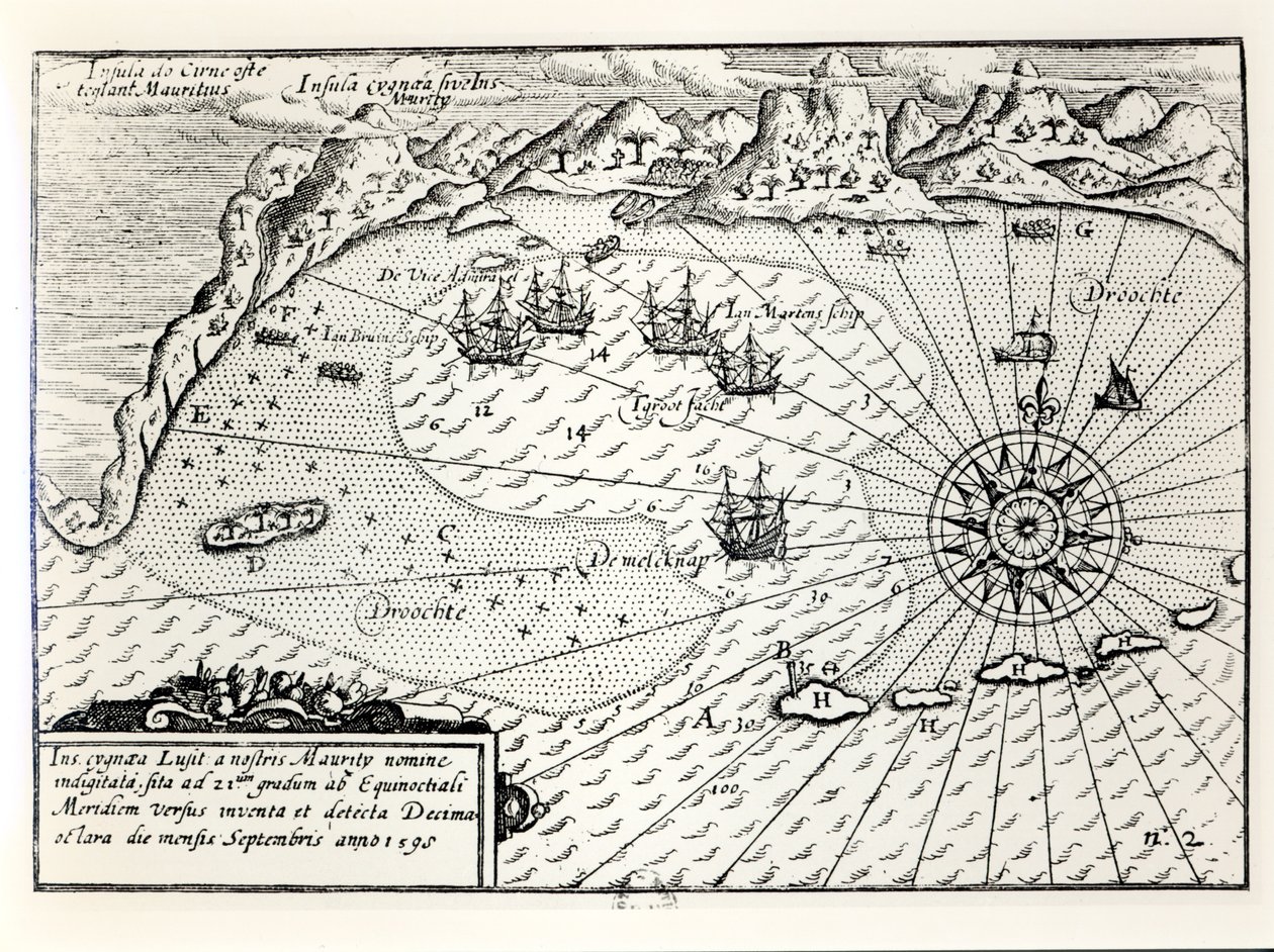 Vara-amiraali Wybrandt Van Warwijckin laivaston saapuminen Mauritiuksen kaakkoissatamaan syyskuussa 1598 tekijältä Dutch School