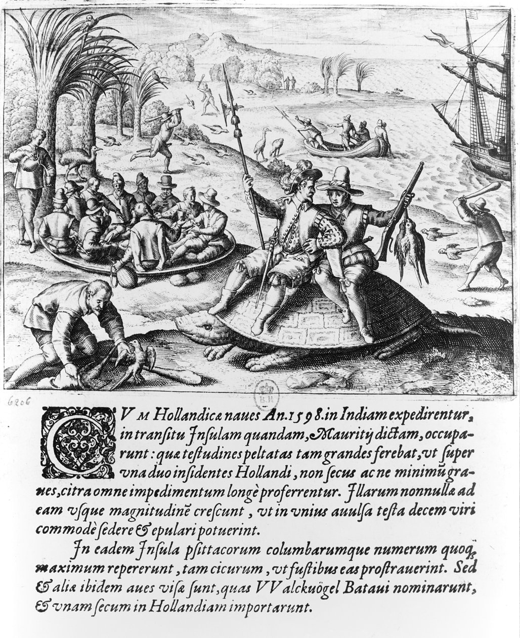 Hollantilaiset Mauritiuksella vuonna 1598, kaivertanut de Bry tekijältä Dutch School