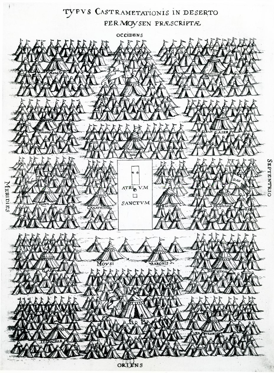 Israelilaisten leiri autiomaassa Mooseksen ja Aaronin teltoilla, keskellä Pyhä Hearth (Atrium Sanctum), julkaistu Hollannissa, n. 1625 (kaiverrus) tekijältä Dutch School