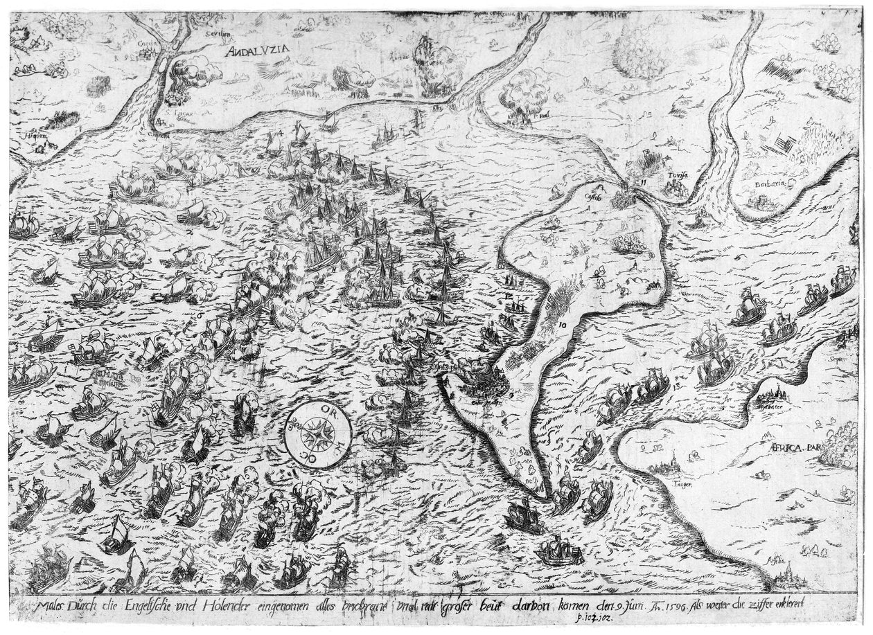 Englantilaiset ja hollantilaiset joukot espanjalaista laivastoa vastaan Cadizin satamassa vuonna 1596 tekijältä Dutch School
