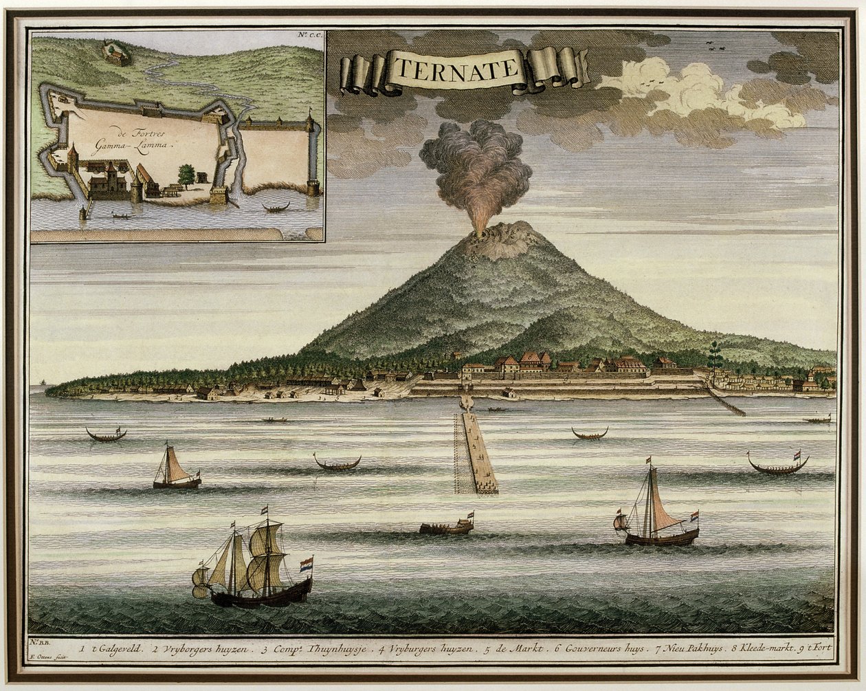 Ternaten saari, Molukit, Indonesia, kuva Oud Nieuw Oost-Indienistä, 1724-26 tekijältä Dutch School
